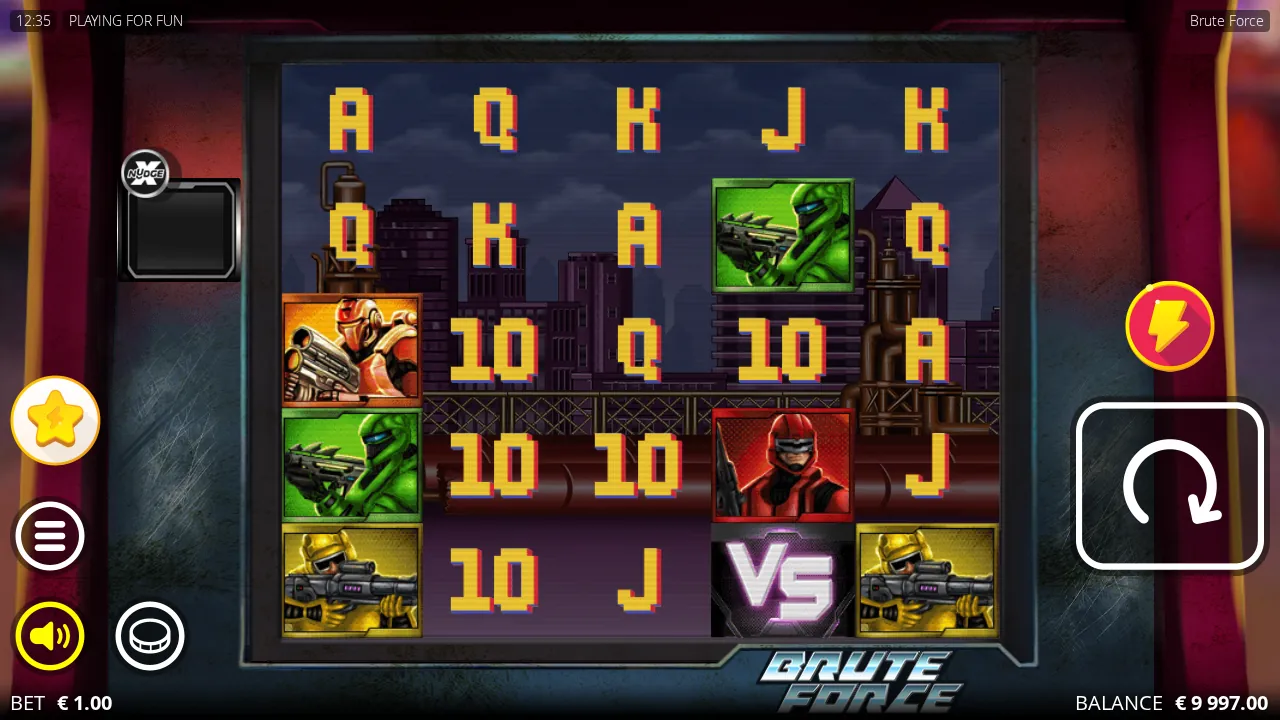 Brute Force reels with a stack of orange, green and yellow soldiers on reel 1 and a VS Scatter below a red soldier on reel 4