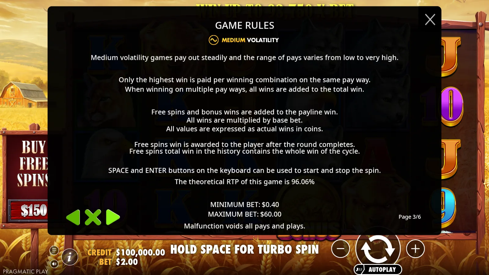 Buffalo King rules page showing the Medium volatility badge, 96.06% RTP and the $0.40 to $60.00 bet limits
