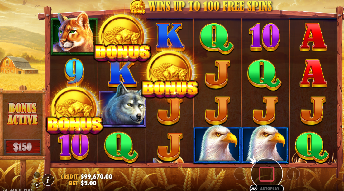 Buffalo King base game showing three bonus coins triggering the free spins.