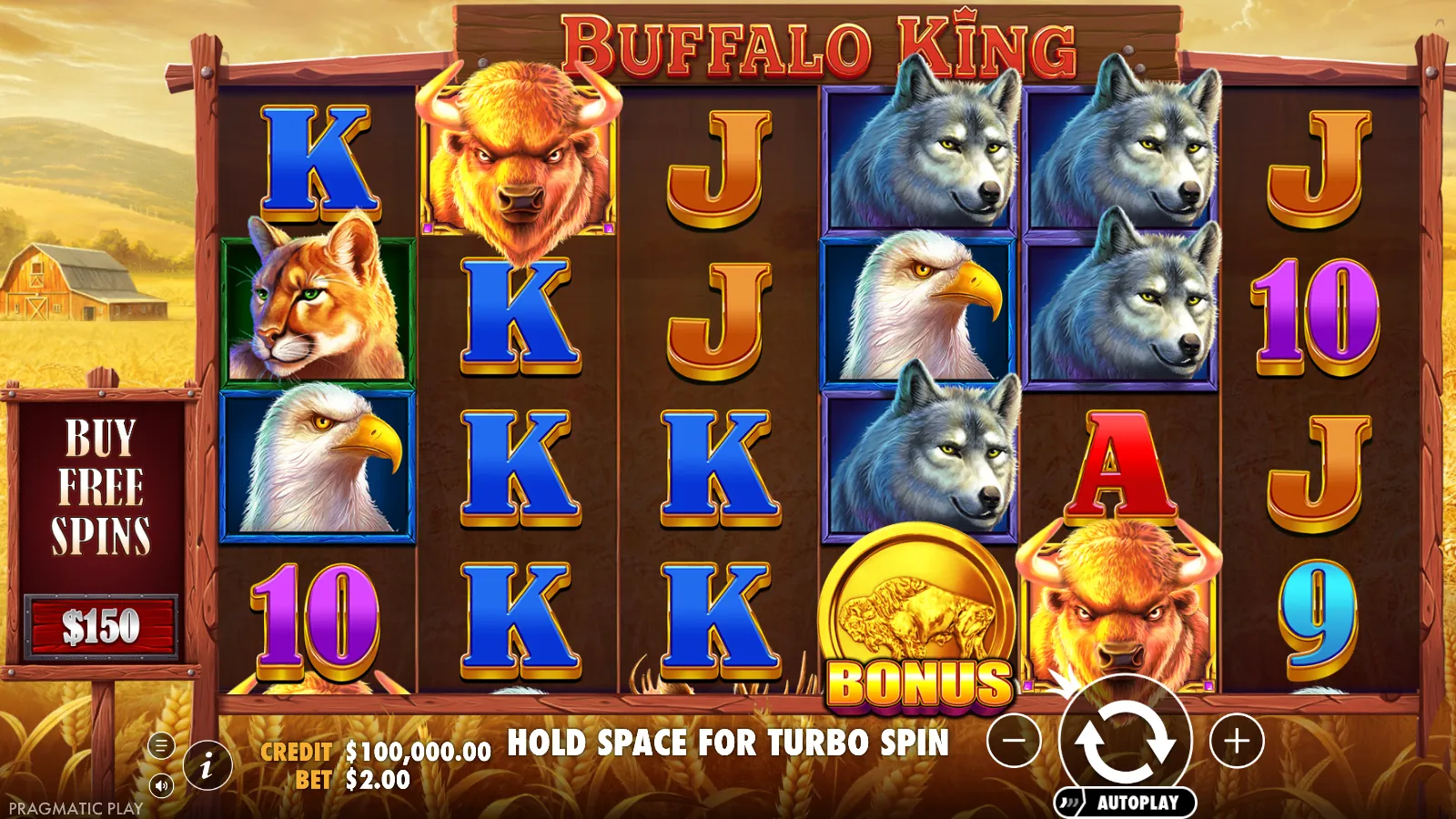 Buffalo King idle reels at a $2.00 bet with a gold bonus coin on reel 5 and the $150 Buy Free Spins sign on the left