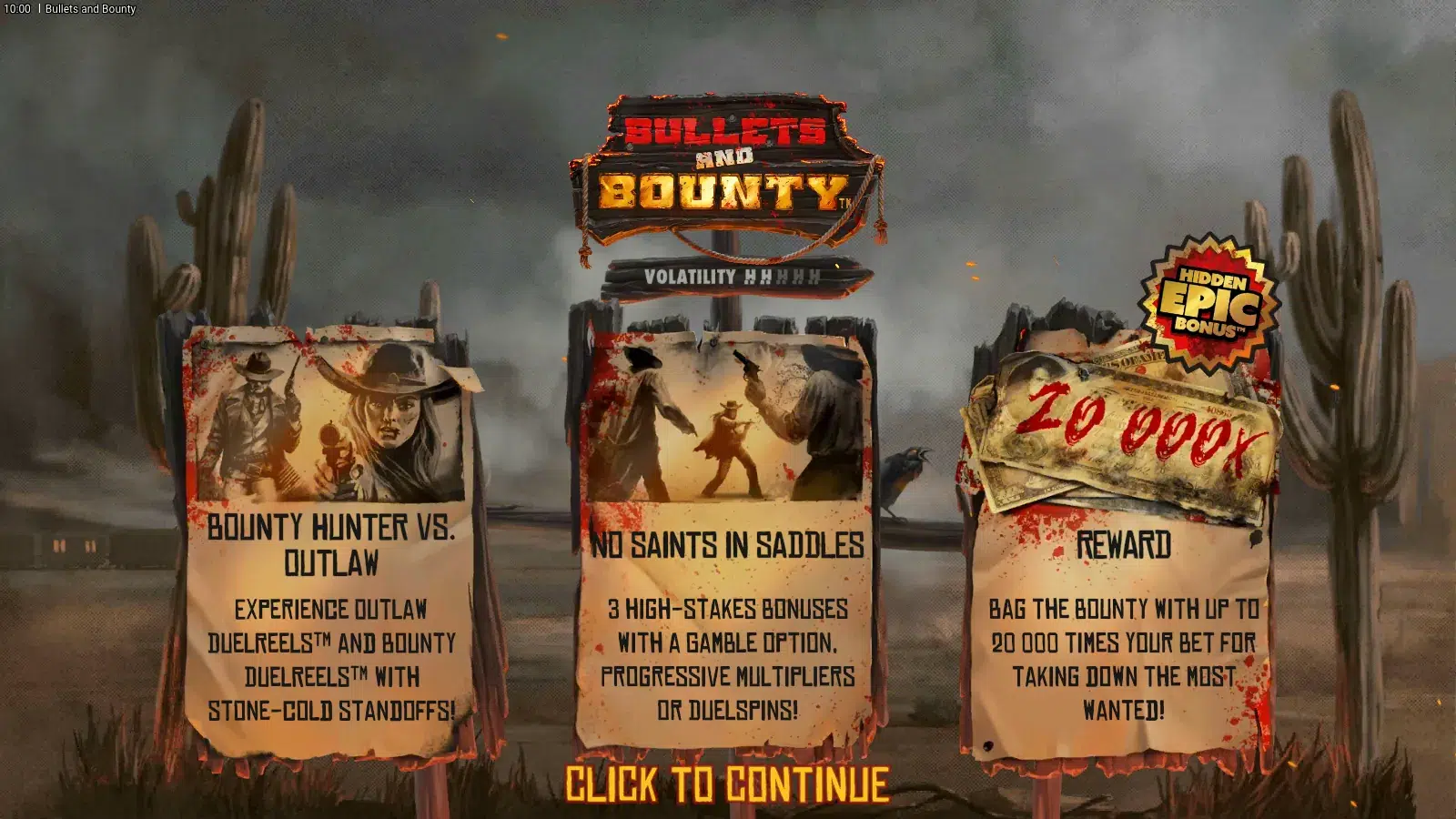 Bullets and Bounty splash with three wanted posters
