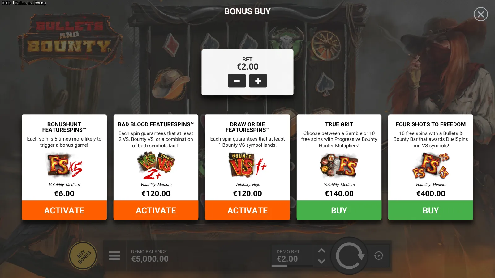 Bullets and Bounty bonus buy panel with five options