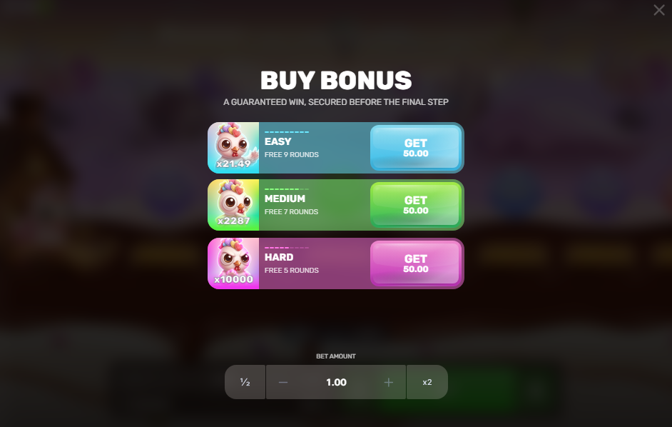 Rooster Run 2 BUY BONUS screen showing three tiers