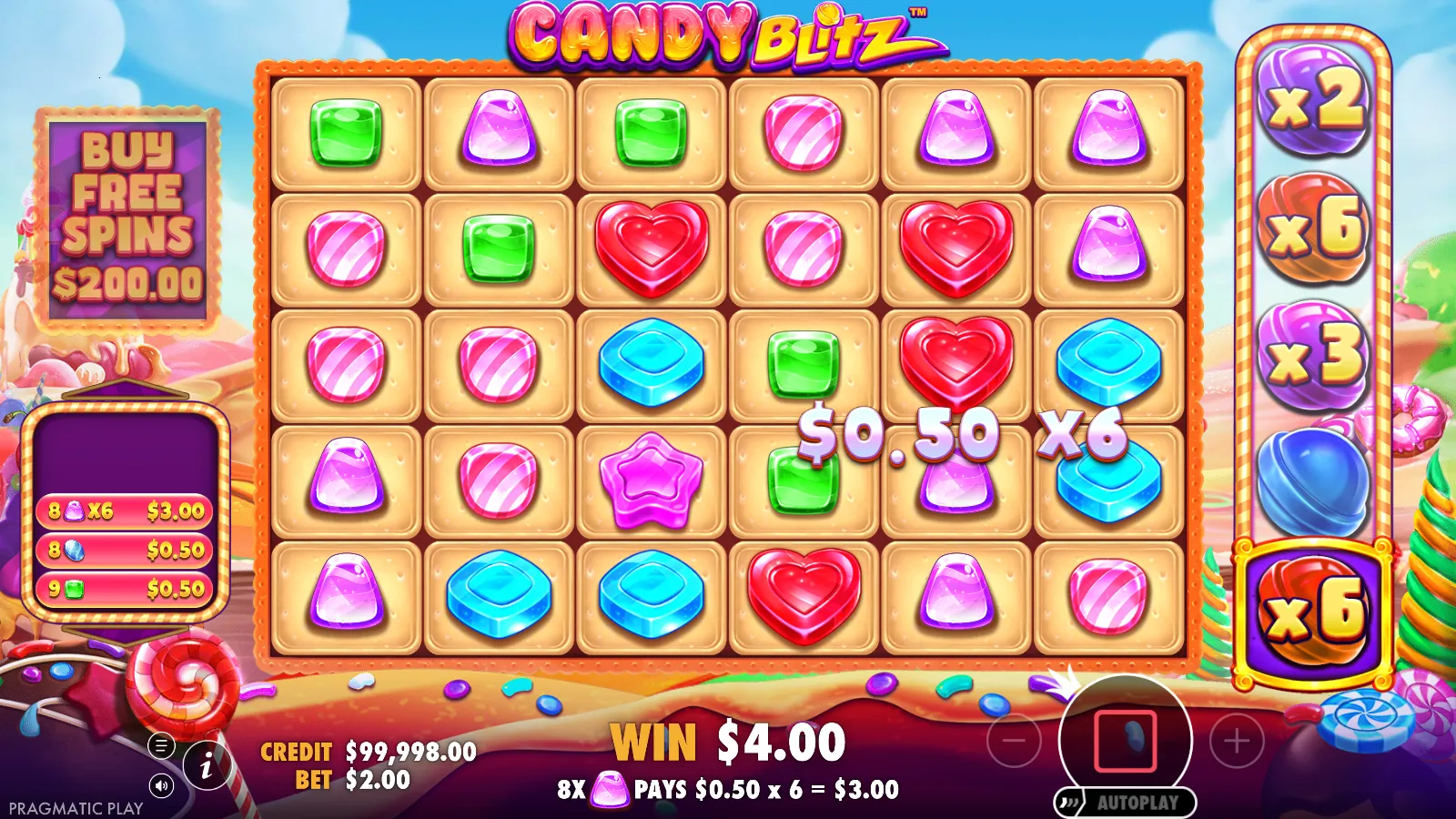 Candy Blitz win panel showing eight purple gumdrops paying $0.50 multiplied by x6