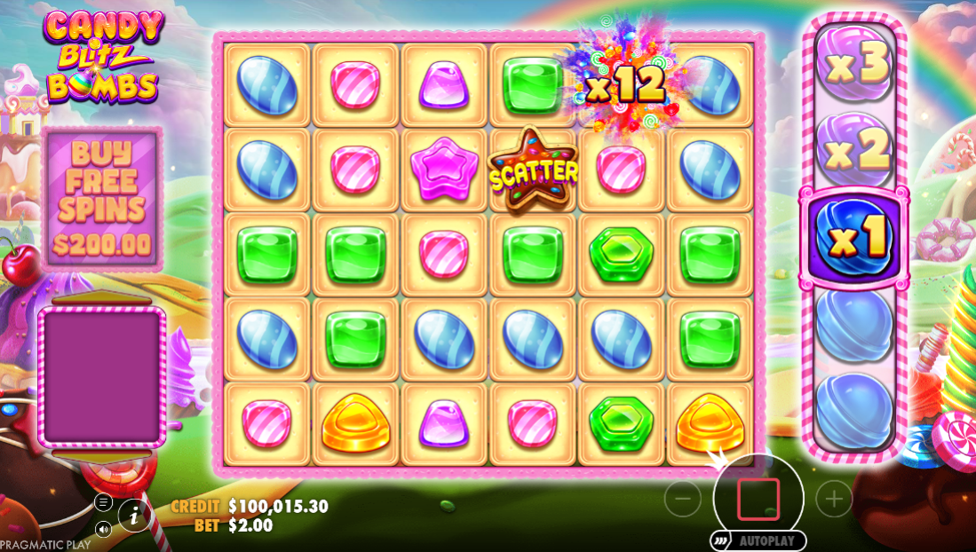 A x12 multiplier bomb bursting on the 6x5 grid, its explosion tumbling the multiplier higher.