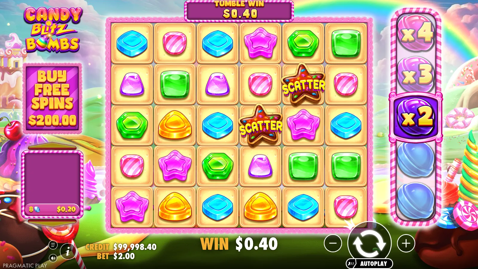 Candy Blitz Bombs reels settled after a tumble chain with a $0.40 win and the multiplier reel on x2