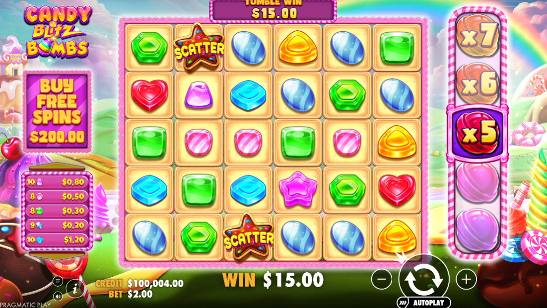 Candy Blitz Bombs multiplier reel showing x5 multiplier in action.