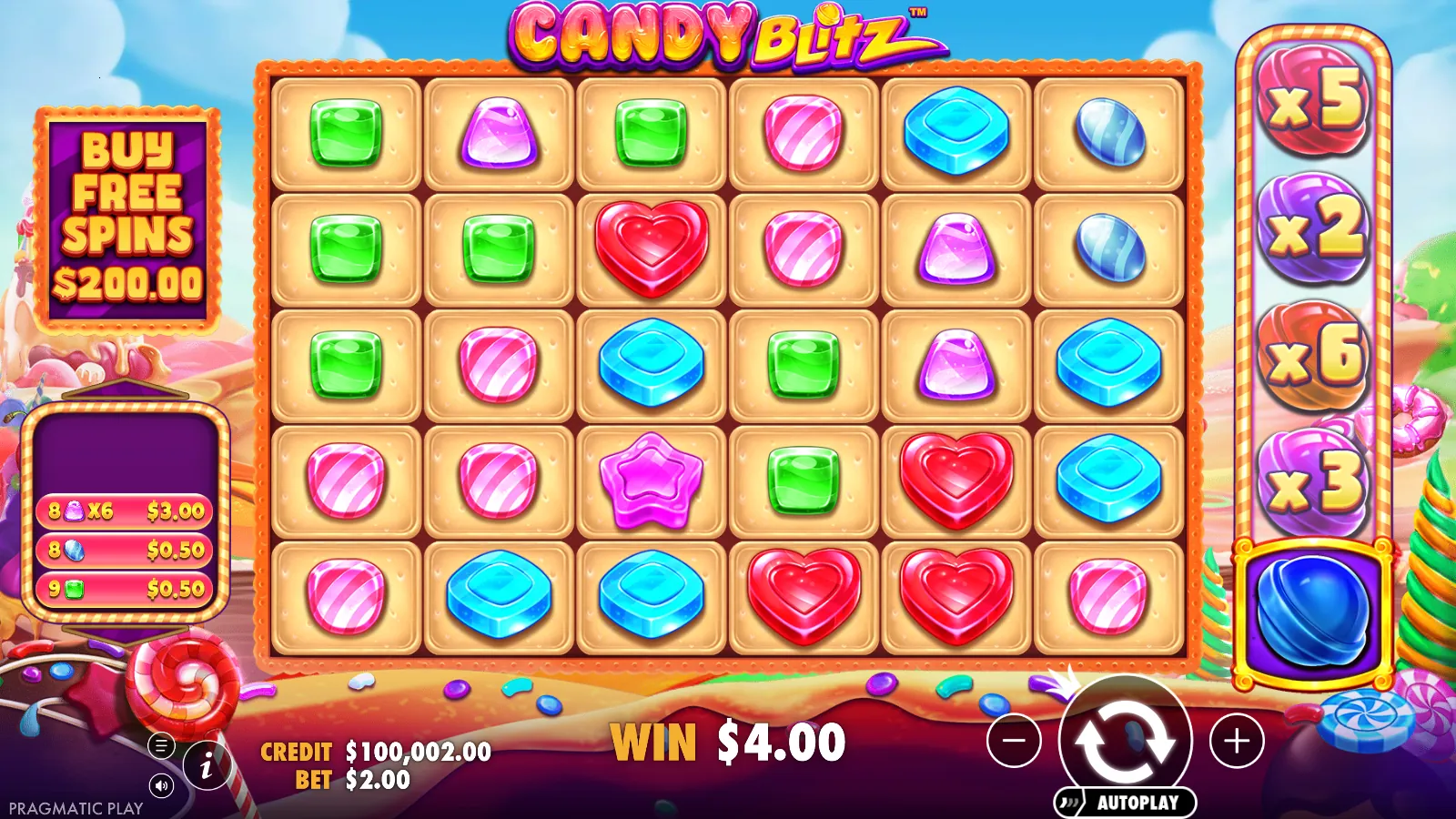Candy Blitz reels settled on a $4.00 win with the multiplier reel showing x5, x2, x6, and x3