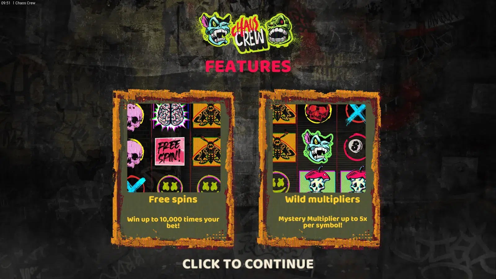 Chaos Crew splash with the Free spins and Wild multipliers cards