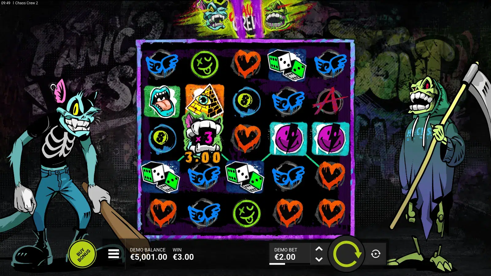 Chaos Crew 2 reels with a x3 Cranky Cat on reel 2