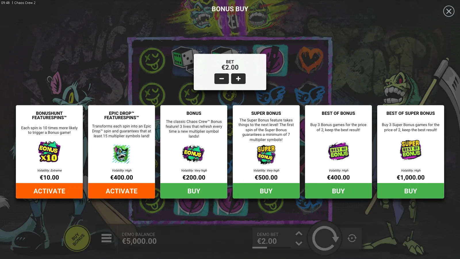 Chaos Crew 2 bonus buy panel with six options