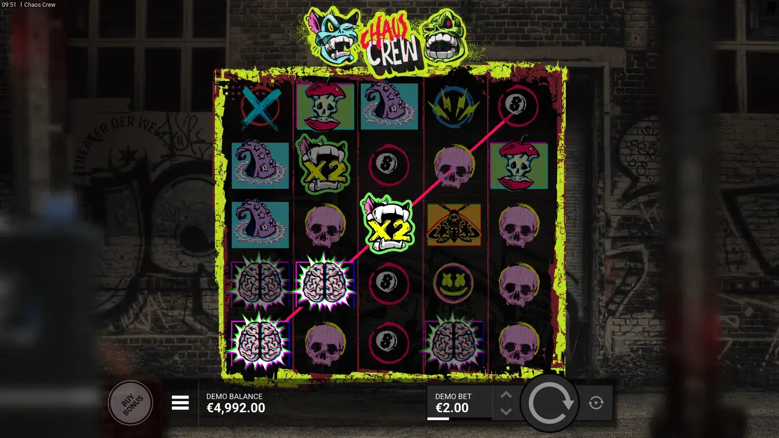Chaos Crew reels with two x2 Cranky Cats and a brain line