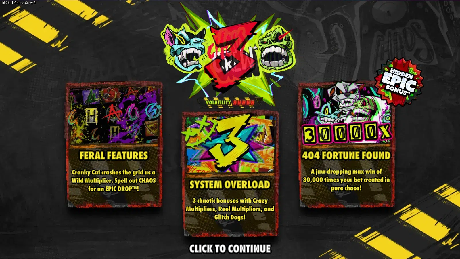 Chaos Crew 3 splash with the Feral Features, System Overload and 404 Fortune Found cards