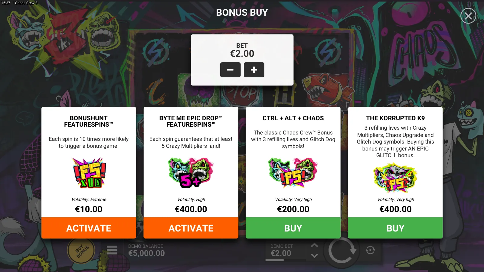 Chaos Crew 3 bonus buy panel with four options