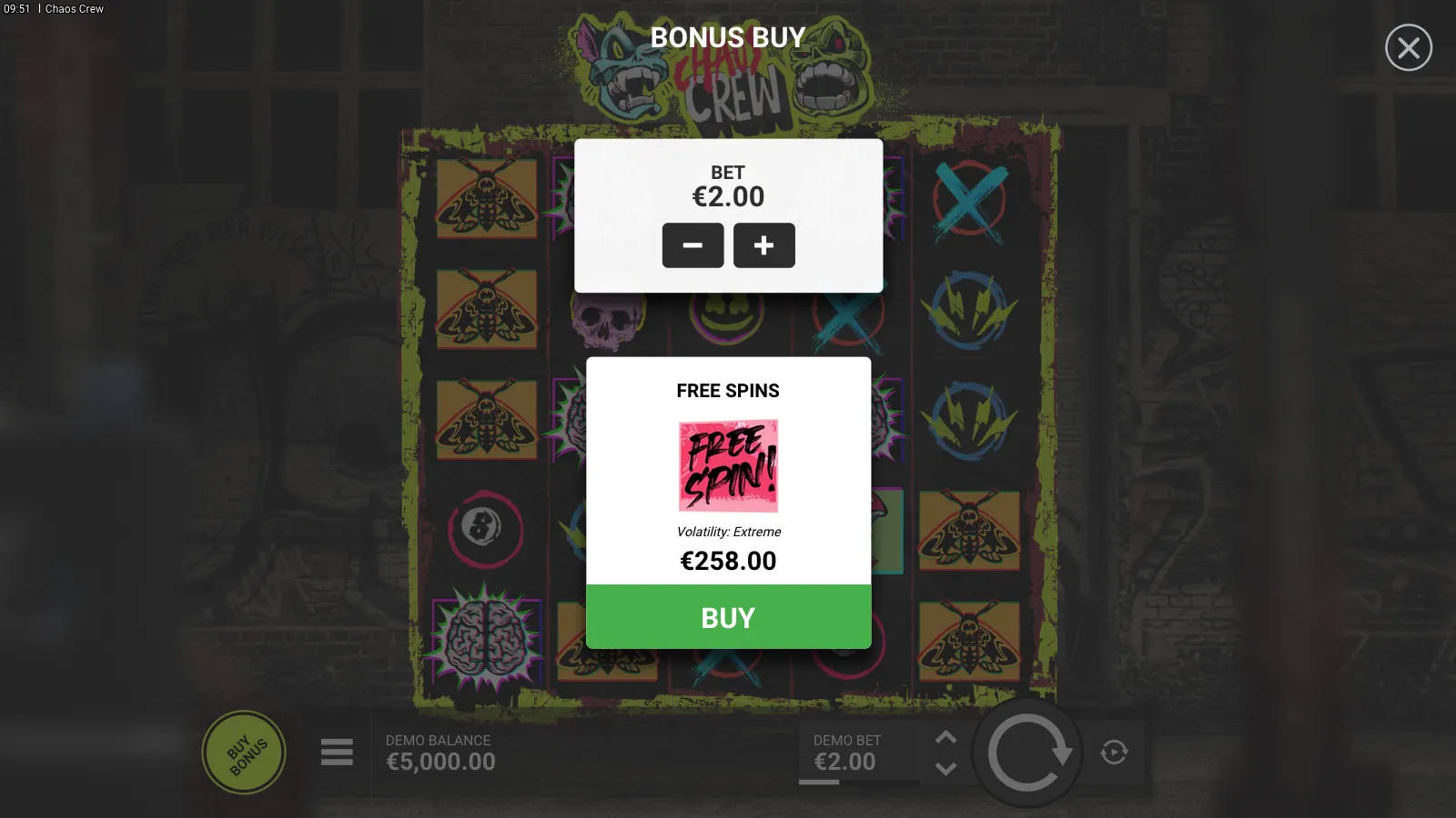 Chaos Crew bonus buy panel with a single Free Spins card
