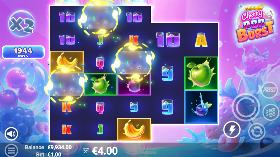 The PopWins system in action, winning fruit popping and stacking into taller reels