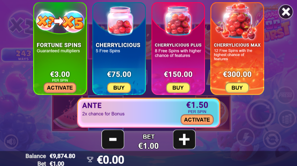 Cherry Pop Burst XPress buy menu, four tiers from Fortune Spins at 3x per spin through Cherrylicious Max at 300x, with an Ante Bet at 1.5x the stake beneath