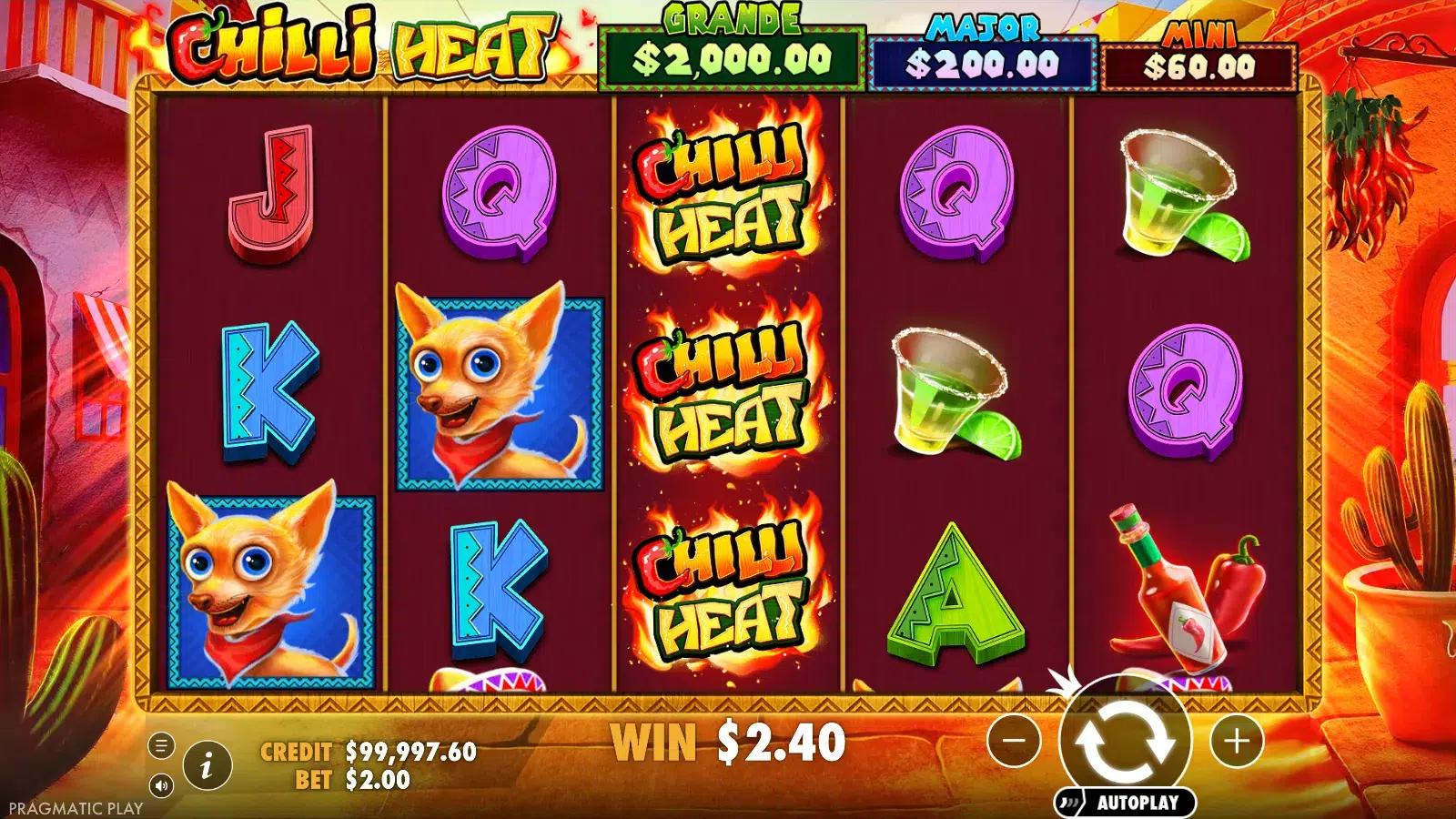 Chilli Heat with a stacked wild on reel 3 and a $2.40 win