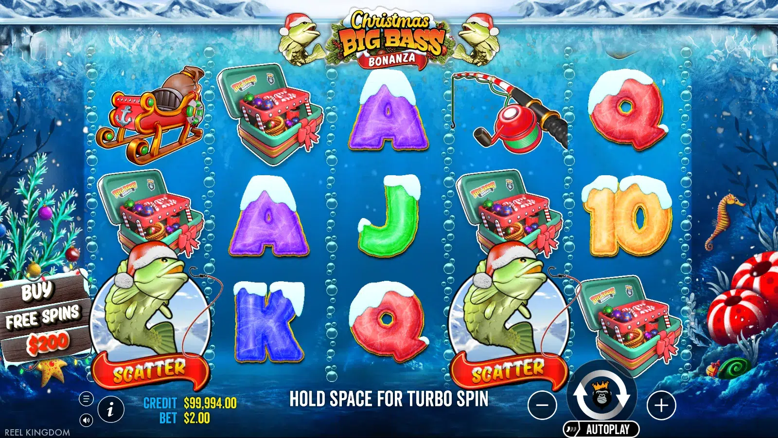 Christmas Big Bass Bonanza spin result with two scatters on reels 1 and 4 and no win