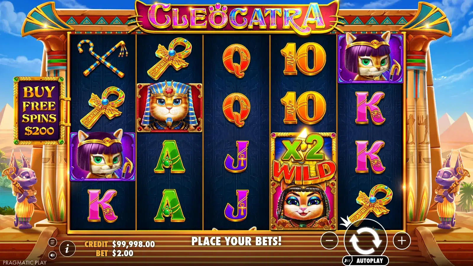 Cleocatra reels after a spin showing a 2x wild on reel 4 and no win