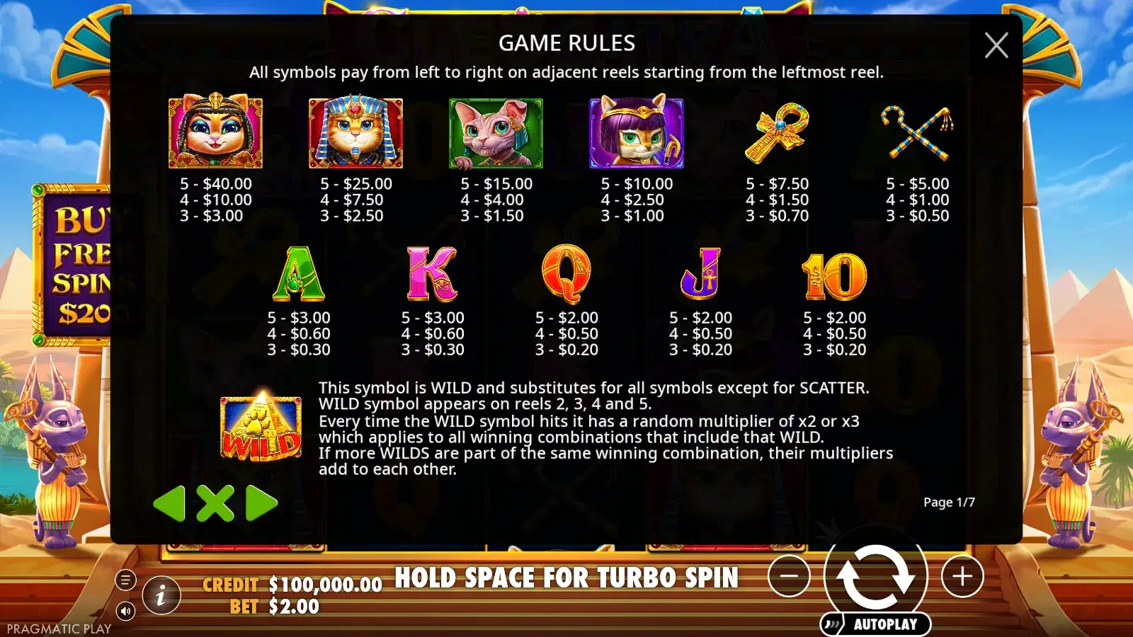 Cleocatra paytable screen showing symbol values at a $2.00 bet and the wild rules