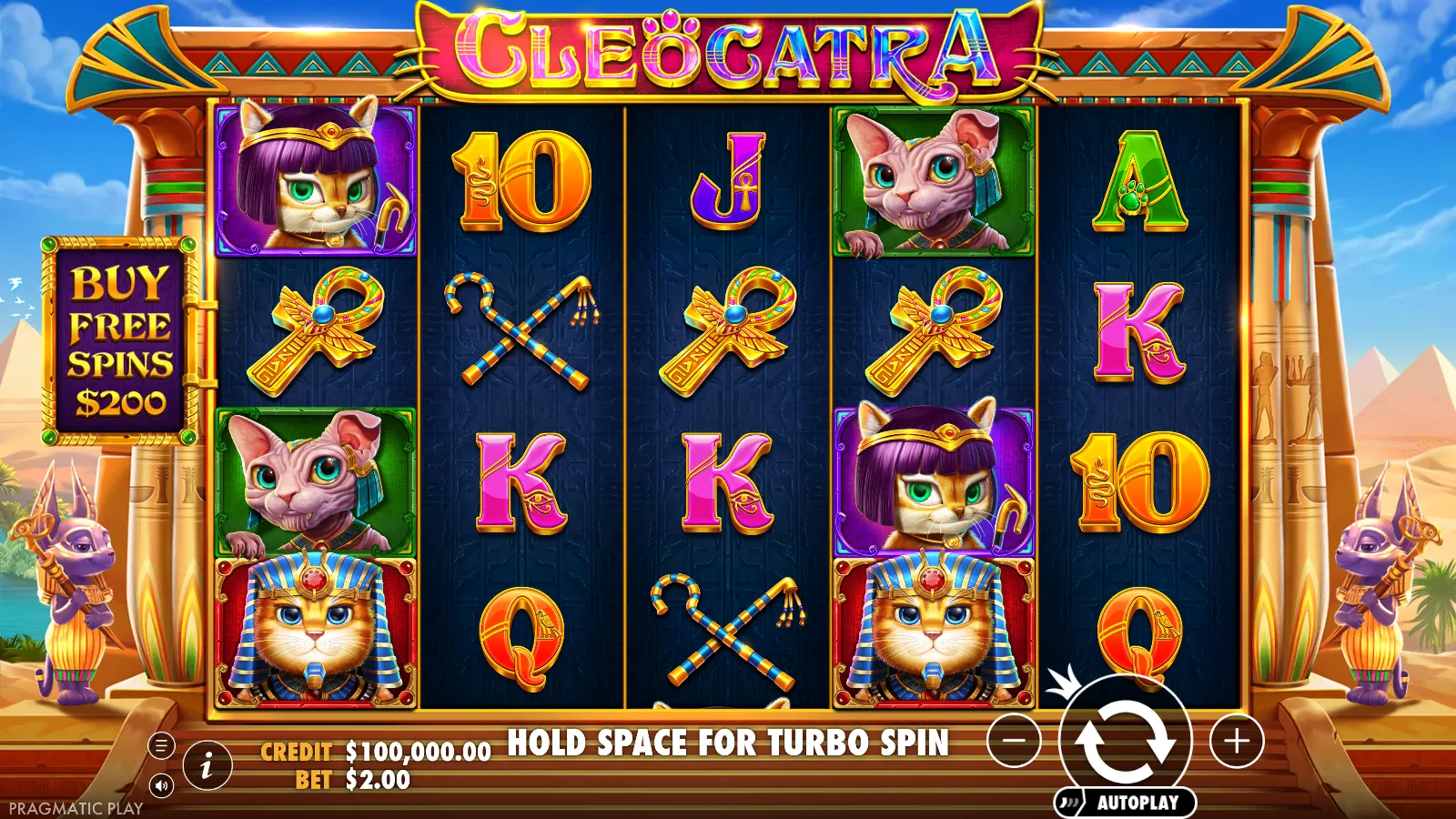 Cleocatra 5x4 reels at the $2.00 demo stake with the Buy Free Spins $200 tablet beside them
