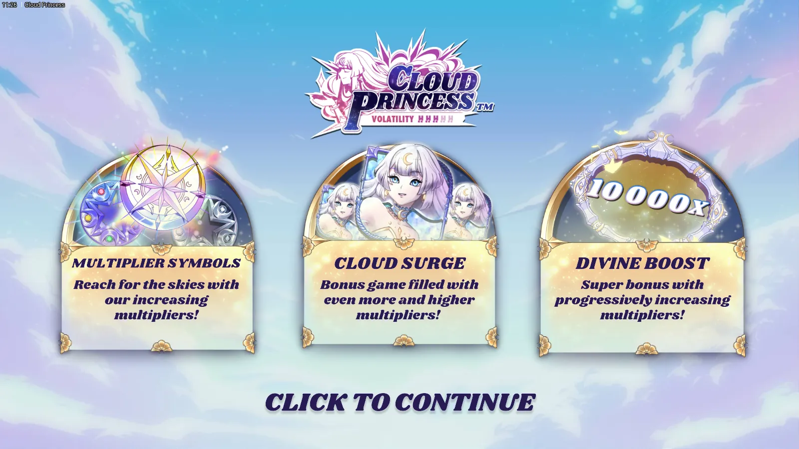 Cloud Princess splash with three arched feature cards