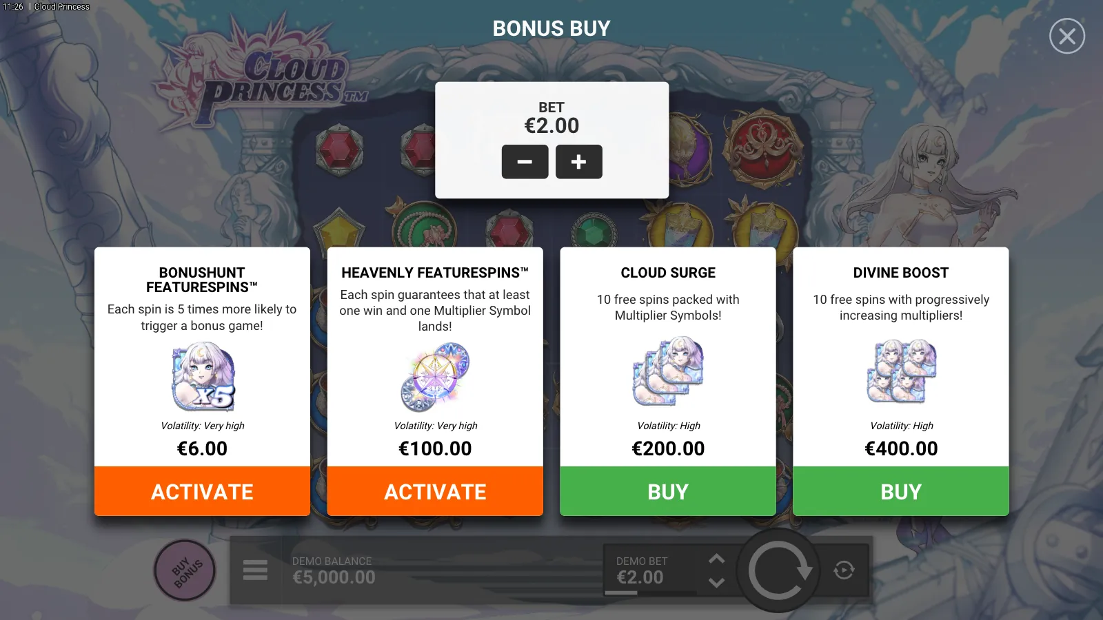 Cloud Princess bonus buy panel with four options