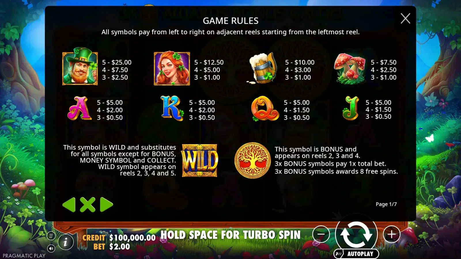 Clover Gold paytable screen showing symbol values with the bet at $2.00, the wild and the bonus tree