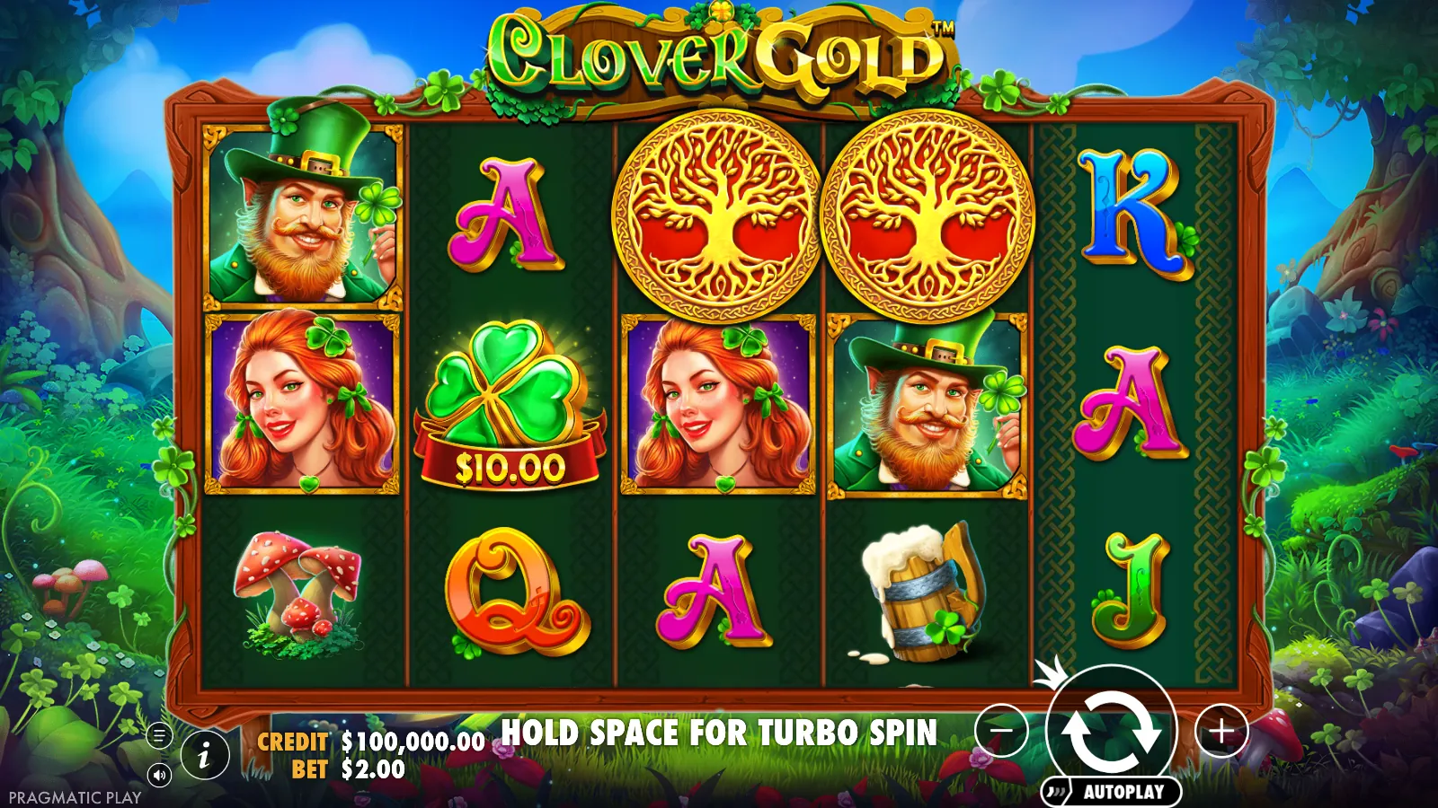 Clover Gold reels with the bet at $2.00, a $10.00 clover on reel 2 and tree bonus symbols on reels 3 and 4