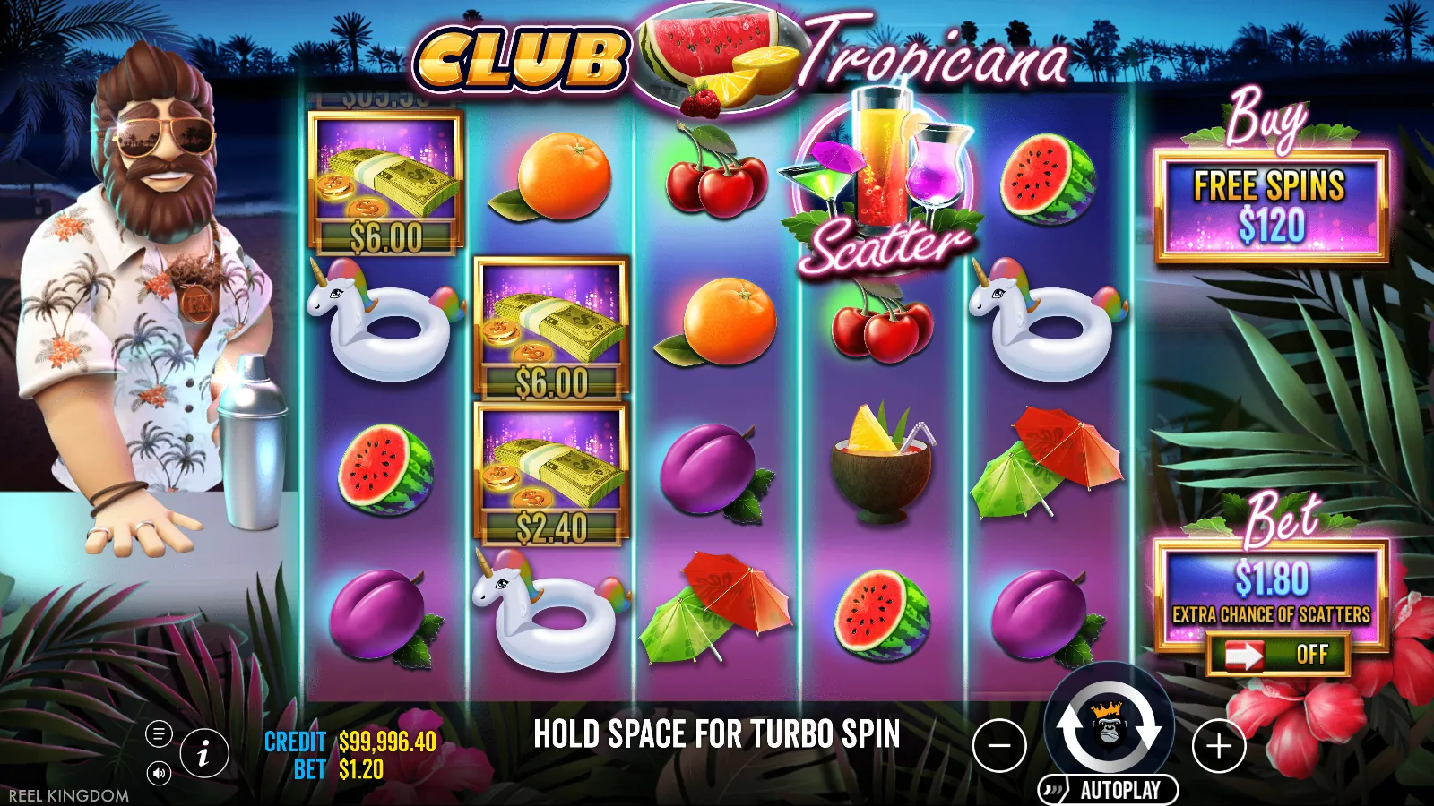 Club Tropicana reels with a Scatter on reel 4 and three money symbols showing $6.00, $6.00 and $2.40