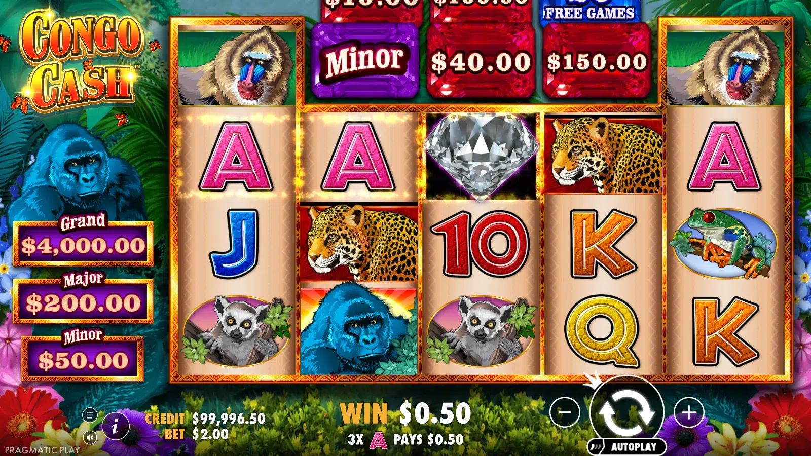 Congo Cash reels after a three-Ace way win, with Minor, $40.00 and $150.00 jewels above reels 2 to 4