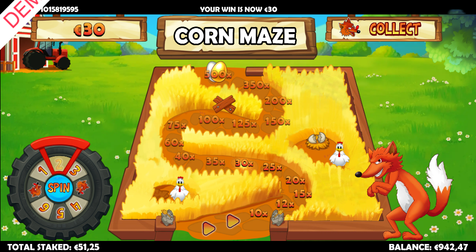 Maze bonus trail rising from 10x to a golden 500x egg, the tractor-tyre spin wheel beside it and a fox at the edge