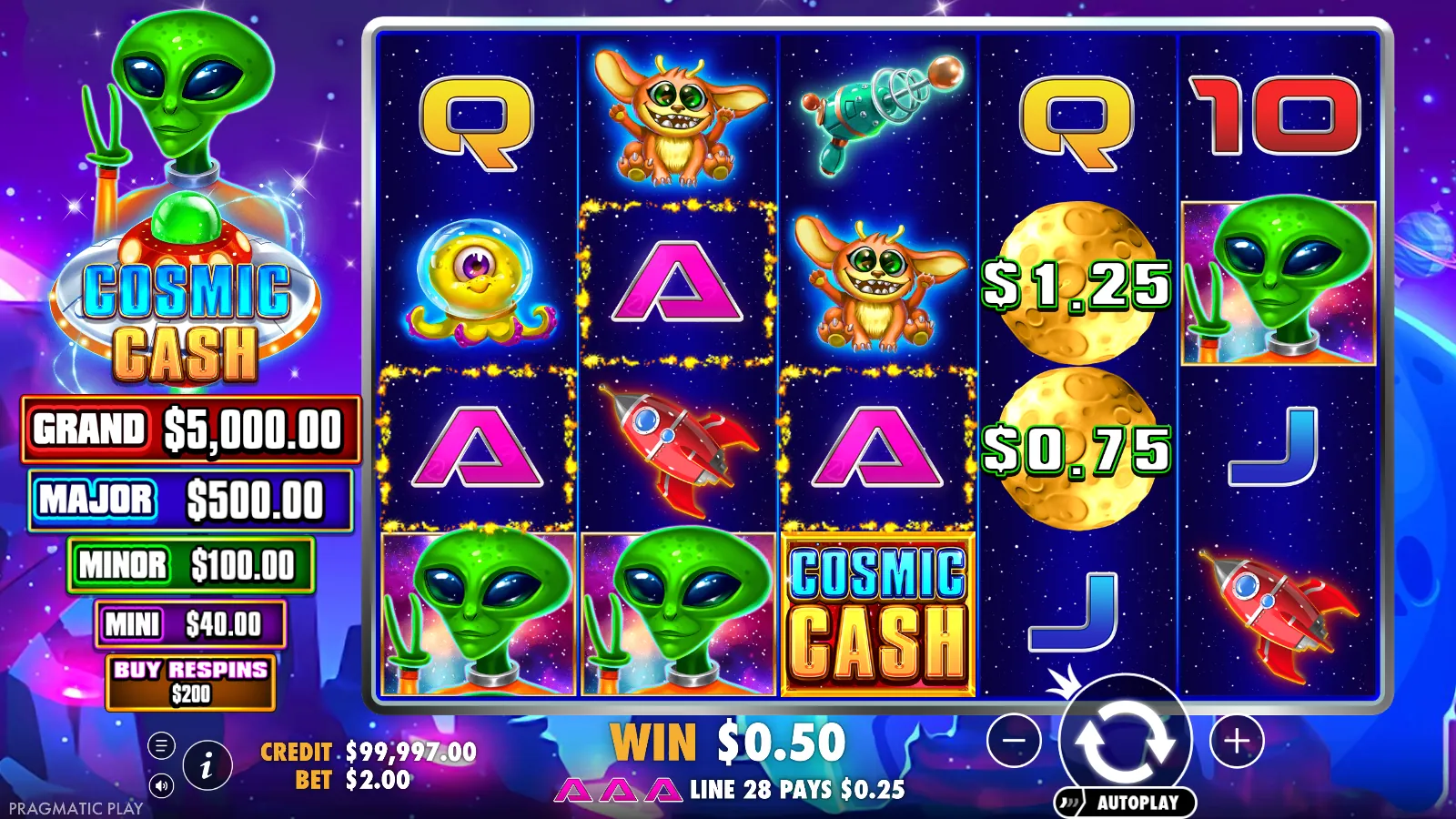 Cosmic Cash grid with two moon money symbols valued at $1.25 and $0.75 on reel 4
