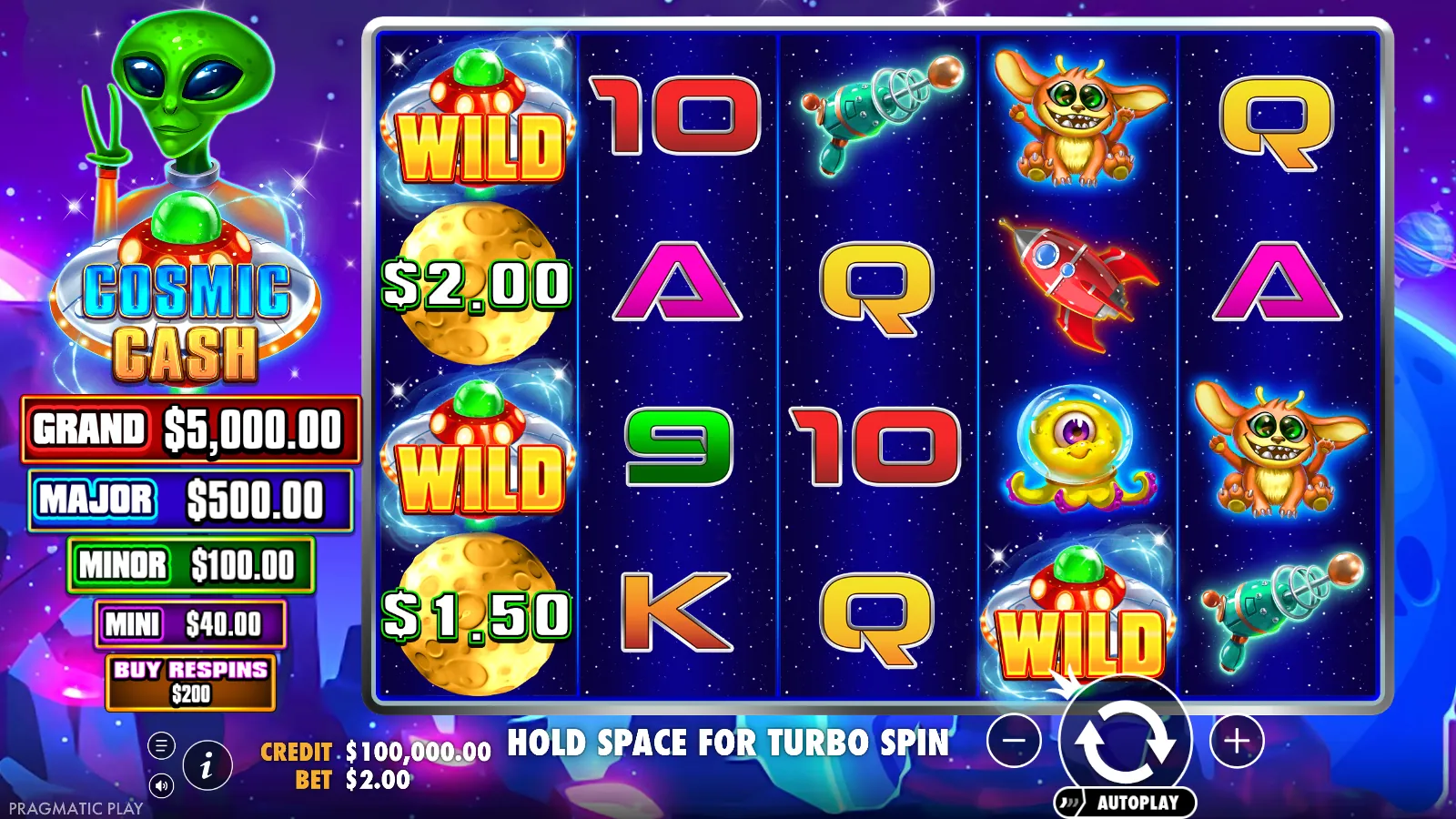 Cosmic Cash reels at rest with the jackpot plaque showing Grand $5,000.00 and two moon money symbols on the grid