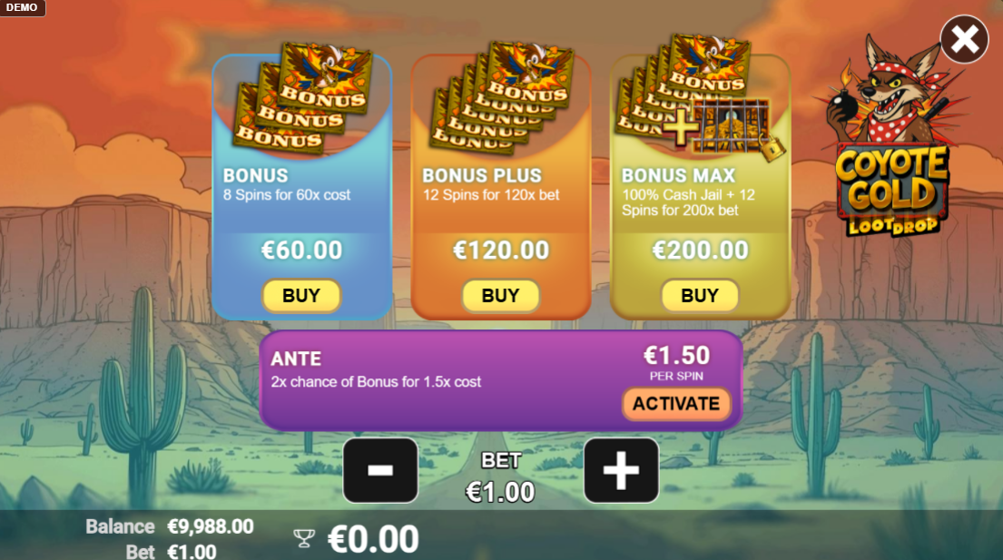 Coyote Gold XPress buy menu, three bonus tiers priced at 60x, 120x and 200x alongside an Ante option at 1.5x the stake for double the trigger chance.