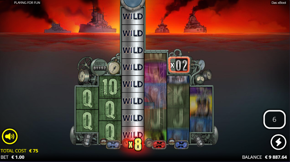 The torpedo hit paying out, a full column of Wilds nudged down reel 3 with a stacked multiplier as the submarine round runs