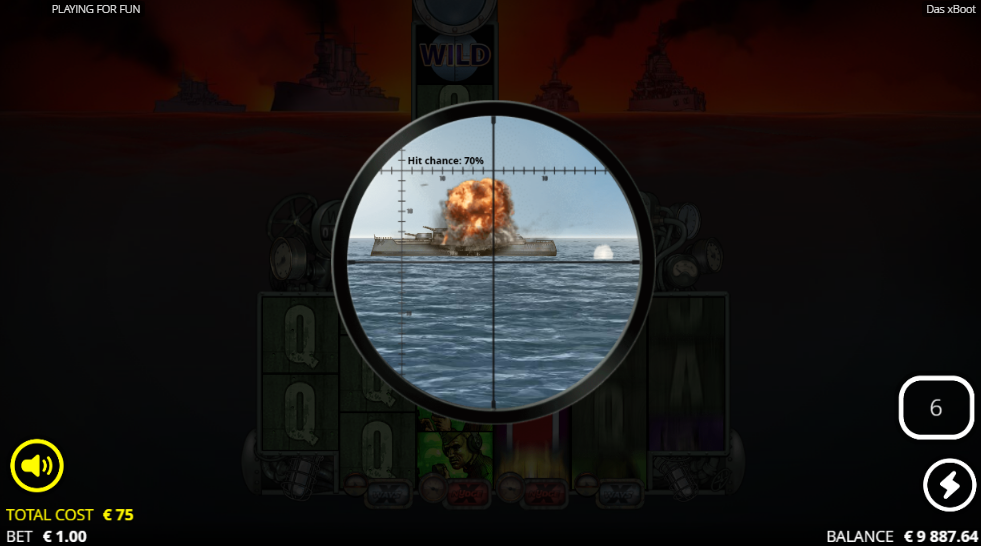 Das xBoot torpedo launch in the periscope, a battleship taking a hit with a 70% chance shown, the sequence the game leans on at a 1.00 bet
