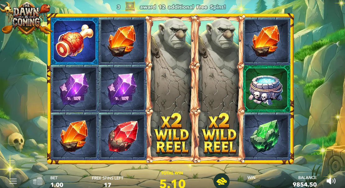 Two expanded x2 Wild Reels standing side by side on reels 3 and 4 during The Dawn is Coming free spins.