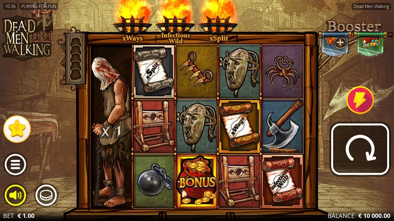 Dead Men Walking 5x3 board with an x1 xNudge Wild on reel 1, three scrolls, a Bonus bag and lit fire pits
