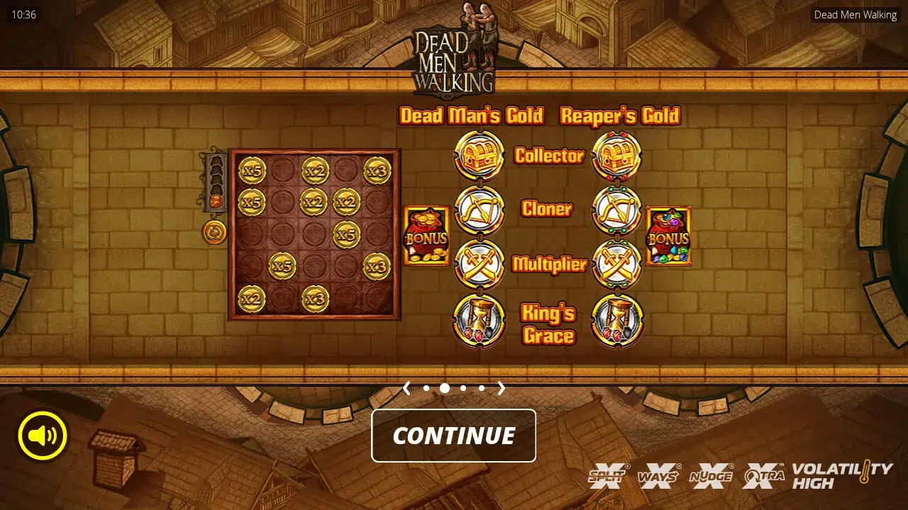 Dead Men Walking splash showing Dead Man's Gold and Reaper's Gold feature coins beside a 5x5 coin board