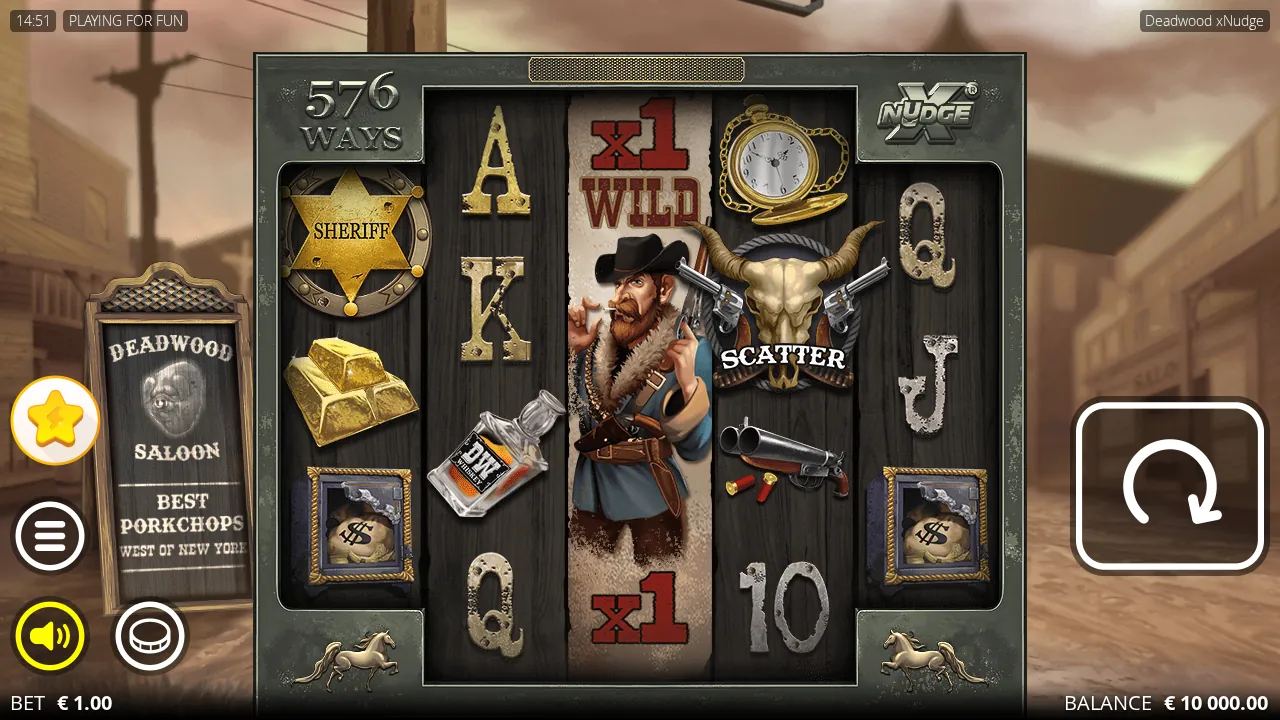 Deadwood base game reels with a four-row Hunter Wild on reel 3, a Sheriff Badge on reel 1 and a Scatter on reel 4