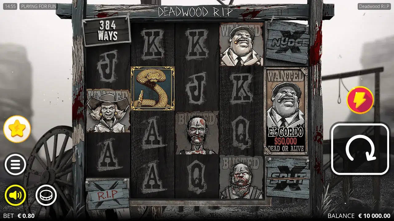 Deadwood R.I.P reels at rest on the 3-4-4-4-2 grid with the 384 WAYS badge and a wanted poster on reel 5