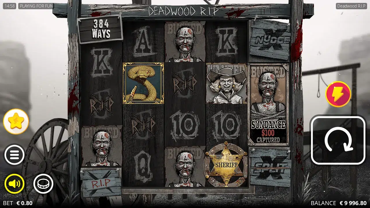Deadwood R.I.P reels after a spin with a Diamondback Scatter on reel 2, a Sheriff Badge on reel 4 and R.I.P symbols beside them