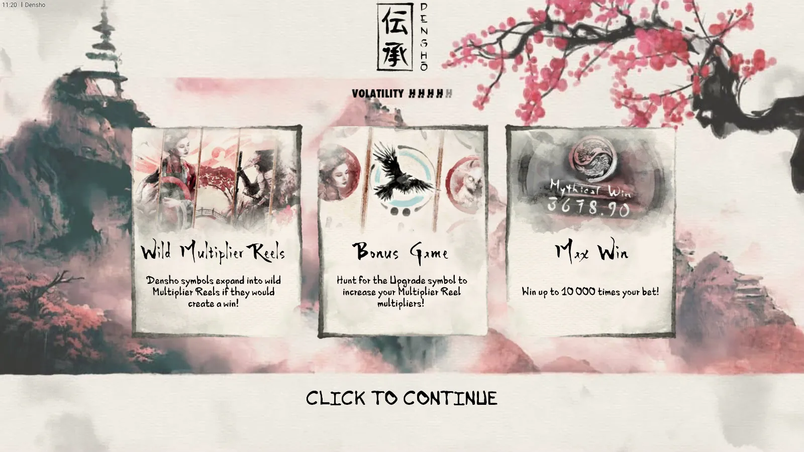 Densho splash with three ink-painted cards under a cherry branch