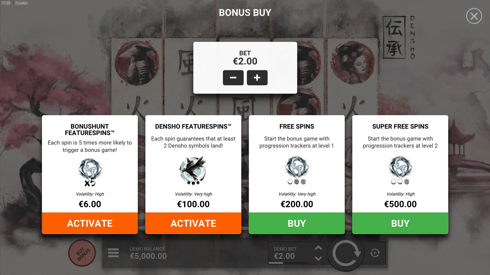Densho bonus buy panel with four options