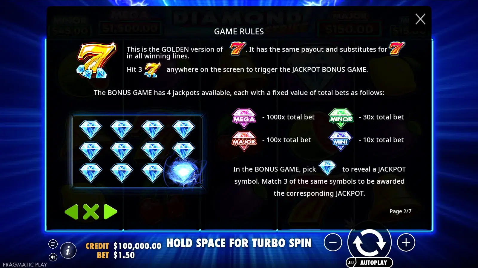 Diamond Strike rules page showing the golden 7 and the Jackpot Bonus Game with four fixed jackpots