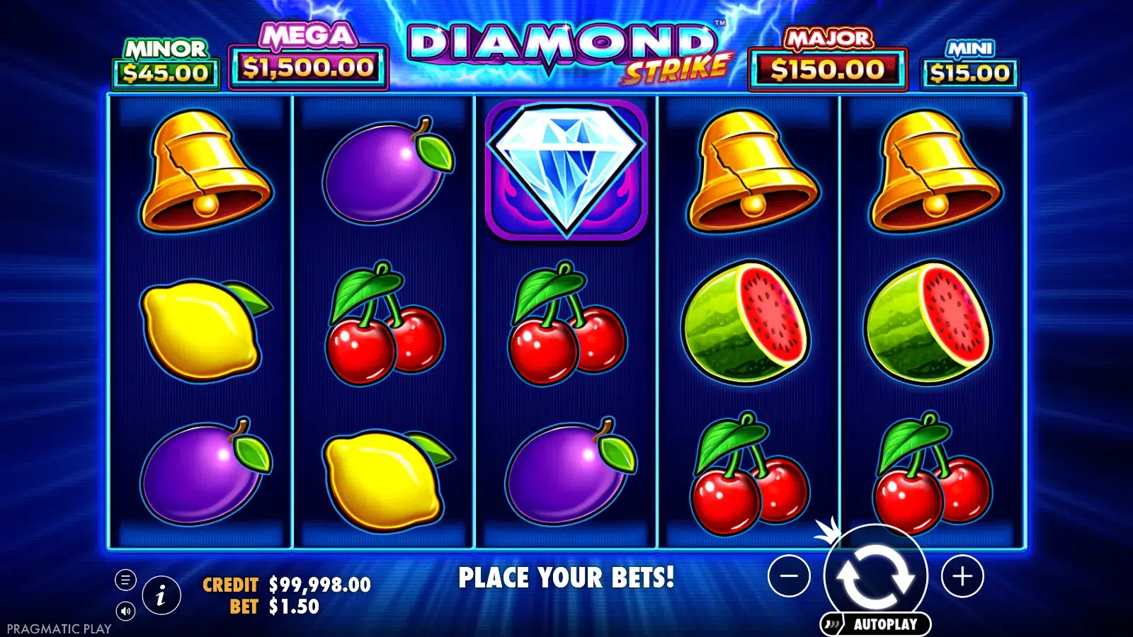 Diamond Strike reels after a spin with one diamond wild on reel 3 and no win