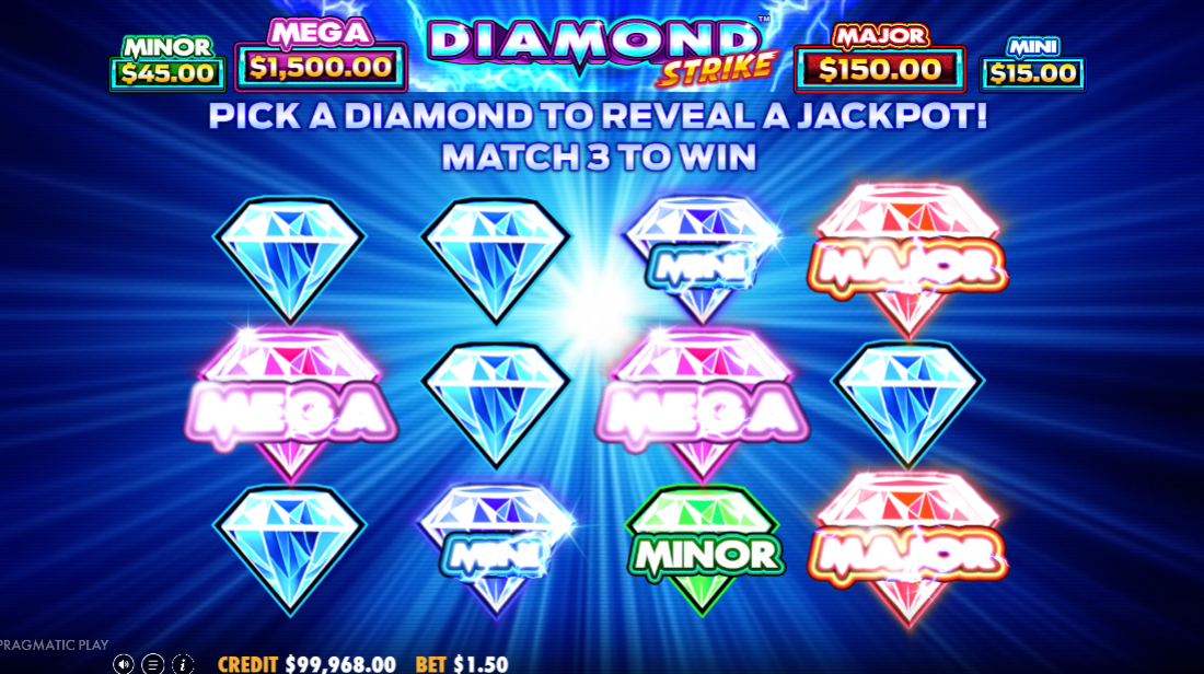 Diamond Strike jackpot pick screen showing 12 diamonds in a grid, with Mega, Major, Minor and Mini values.