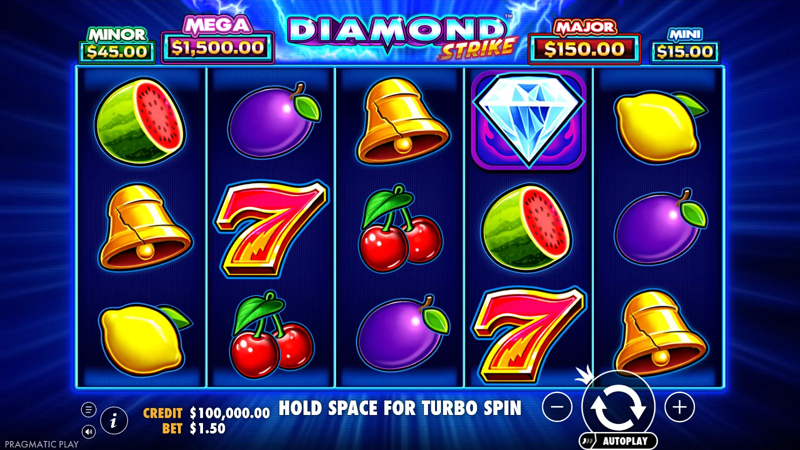 Diamond Strike 5x3 reels at the $1.50 demo stake with the Mini, Minor, Major and Mega jackpot boxes above